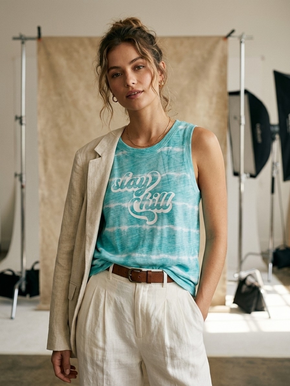 Secret Treasures Aqua Tie-Dye "Stay Chill" Sleeveless Tank Top